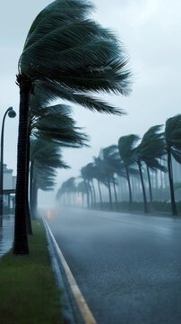 Empty road lined with palm trees during a tropical storm with strong wind and rain, symbolizing extreme weather and climate forces.
