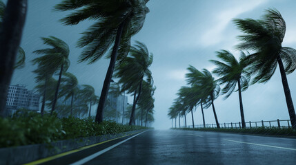 Fototapeta premium Empty road lined with palm trees during a tropical storm with strong wind and rain, symbolizing extreme weather and climate forces. 