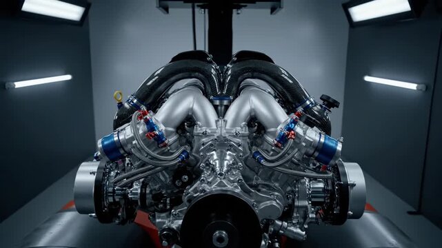 High-Performance V12 Engine on Dynamometer Test Rig with Carbon Fiber Intakes