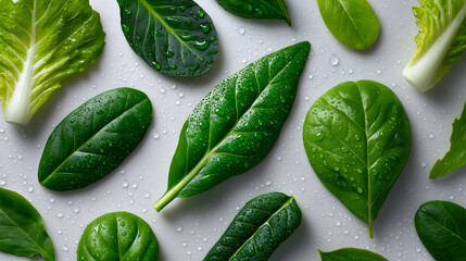 Obraz premium Fresh green basil and parsley leaves arranged in a neat flat lay on a light surface, representing healthy cooking and organic ingredients. 