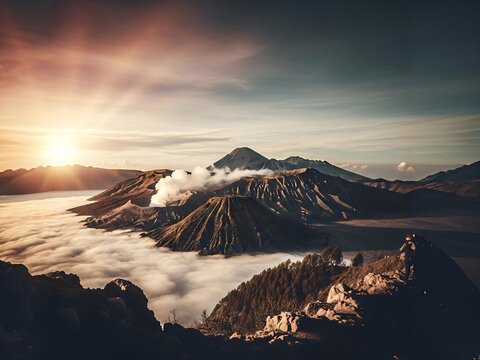 Dramatic Sunrise View of Mount Bromo Volcano with Sea of Clouds