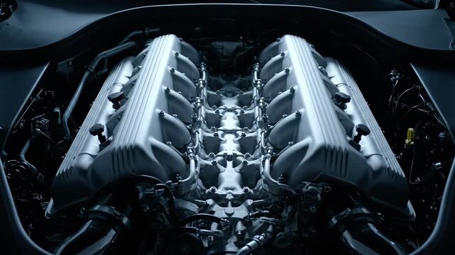 Cinematic High-Angle View of a Symmetrical V12 Engine's Geometric Architecture