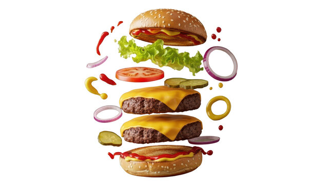 Maxi hamburger, double cheeseburger with flying ingredients isolated on wooden background. High resolution image
