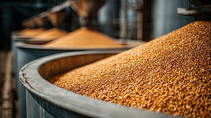 A close-up of golden grains piled in large containers, highlighting the agricultural abundance and grain storage facilities.