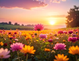 Vibrant Field of Colorful Flowers Blooming Under a Golden Sunset Sky.