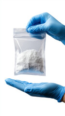 Gloved hands holding a small sealed plastic bag with white powder, symbolizing illegal synthetic opioids, drug enforcement, and public health risk.
