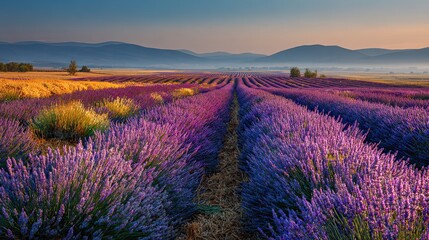 Fototapeta premium A stunning lavender field stretches across the landscape, with rows of vibrant purple flowers and distant mountains under a serene sky.