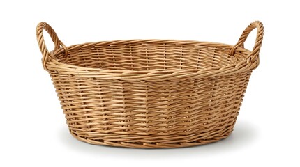Fototapeta premium Empty woven wicker basket with handles. Natural rustic container for storage or home decor. Harvest and spring concept.