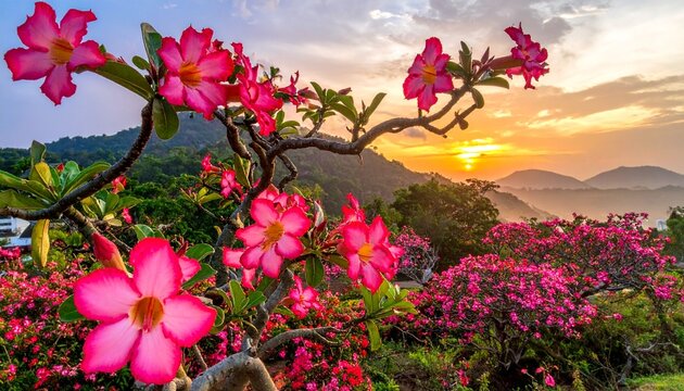 Vibrant Desert Rose Blossoms Bathed in Golden Sunset Light, Scenic Landscape.