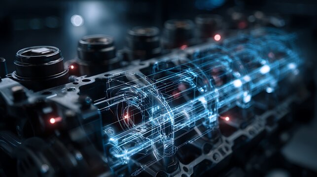 Digital Engine Technology Concept With Holographic Interface.