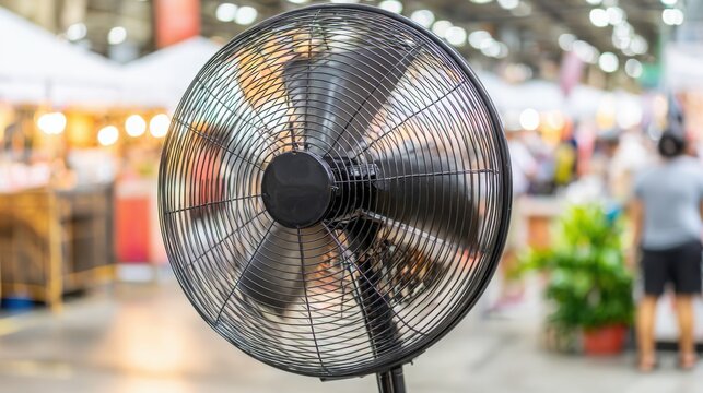 Powerful industrial fan with rotating blades creating strong airflow for effective cooling and ventilation