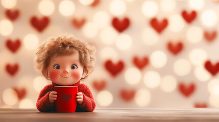 A small red doll is sitting on a table with a cup in its hand