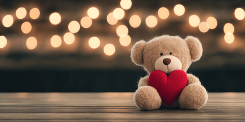 A teddy bear is sitting on a wooden table with a red heart in its mouth