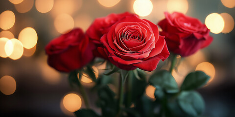 A bouquet of red roses with a blurry background
