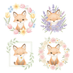 Naklejka premium Adorable Baby Fox Watercolor Clipart Set, Fox Watercolor Clipart with Flowers