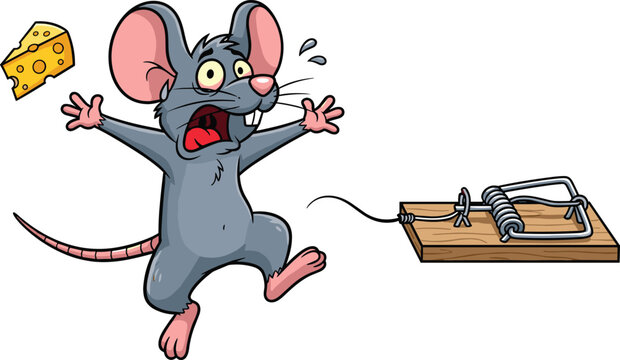 Cartoon illustration of a scared grey mouse character running away from a wooden mousetrap and dropping cheese isolated on white background for pest control