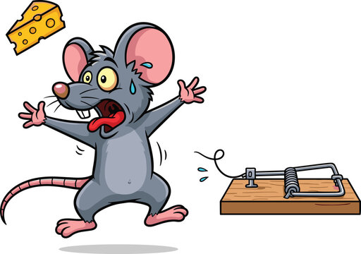 Cartoon illustration of a scared grey mouse character running away from a wooden mousetrap and dropping cheese isolated on white background for pest control