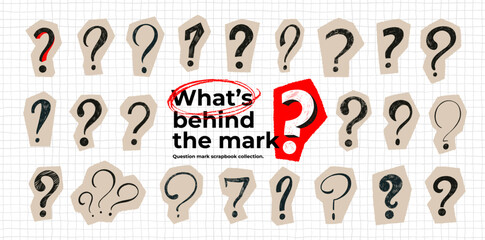 Fototapeta na wymiar Scrapbook doodle crayon question mark collection on checkered background. Punctuation typography symbols for collages. Vector crayon question marks on craft torn paper. Problem solving concept.
