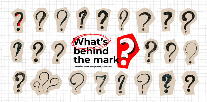 Scrapbook doodle crayon question mark collection on checkered background. Punctuation typography symbols for collages. Vector crayon question marks on craft torn paper. Problem solving concept.