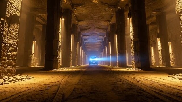 Mysterious glowing light inside vast, abandoned cavern hall with stone columns and ethereal