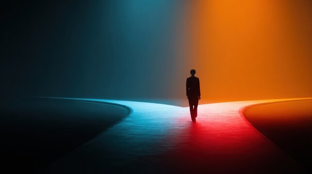 Business Person Makes a Choice Between Two Paths in a Corporate Setting With Dramatic Lighting and a Clean Background