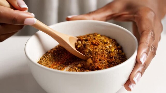 Chef's hands mixing rich, aromatic dry spices in a small ceramic bowl with a wooden spoon for culinary preparation.