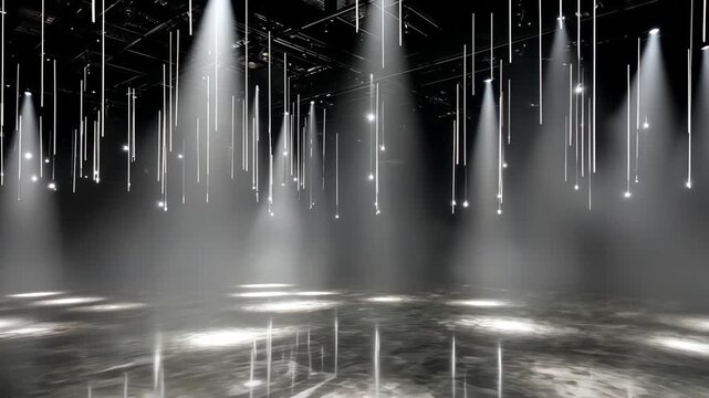 Stage Lighting in Concert Venue: Professional Studio Setup for Performance Space and Spectacular Display with Abstract Illumination and Light Beams