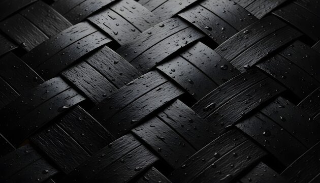 Close-up view of a dark woven wooden texture with water droplets