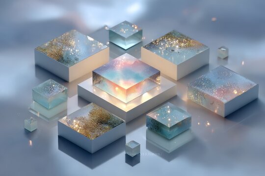 Translucent cubes with shimmering particles and soft internal light rest on reflective surfaces, creating a calm, futuristic abstraction ideal for technology or luxury design themes.