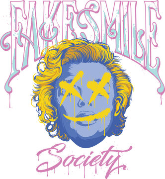 Graffiti style pop art portrait with vibrant colors, dripping spray paint elements, and bold &ldquo;Fake Smile Society&rdquo; 
