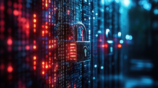 Close-up of multiple padlocks with glowing red and blue digital code background symbolizing cybersecurity and data protection