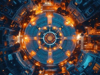 Fototapeta premium Aerial view of a glowing circular plaza at night with concentric rings, radial streets, crosswalks, cars and surrounding buildings, evoking a mesmerizing futuristic symmetry