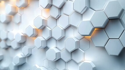 Fototapeta premium Three-dimensional interconnected hexagonal shapes forming a futuristic white and light gray honeycomb structure with subtle orange glowing highlights