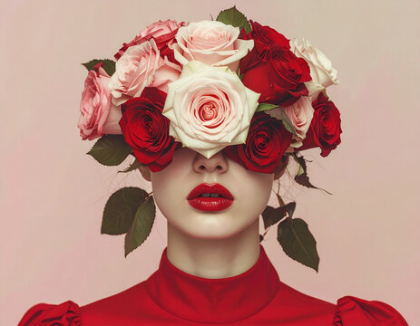 Surreal portrait of a woman's face concealed by vibrant pink and red roses, symbolizing beauty and romance