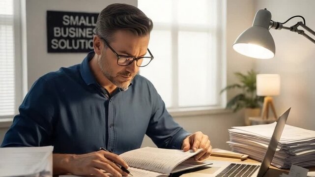 Man working on documents at desk.