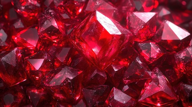 Close-up of clustered faceted red crystals glowing with deep ruby tones, sparkling and luxurious, evoking opulence and intensity