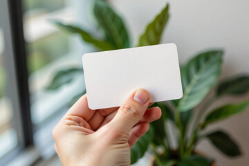 Close-up of hand holding two blank white business cards mockup.