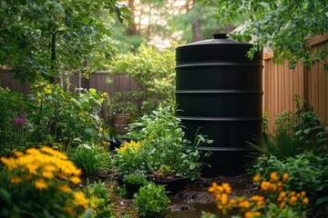 Naklejka premium Serene backyard garden with a large black water tank surrounded by lush green plants, yellow flowering beds, potted seedlings, a wooden fence and soft dappled sunlight