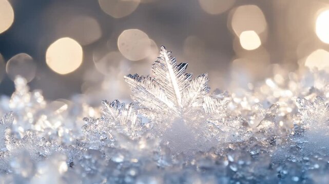 Close up of a delicate snowflake crystal in a winter setting with bokeh