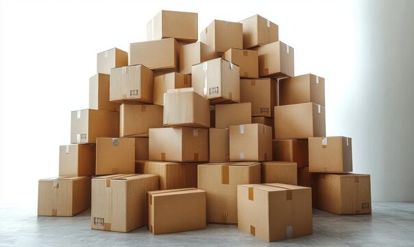 large stacked pile of sealed cardboard moving boxes in an empty bright room conveying readiness and organization