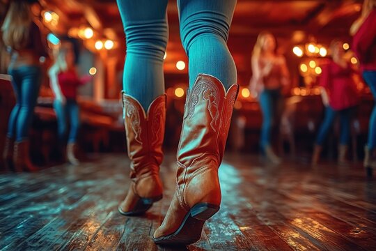 Close-up of legs in brown leather cowboy boots and jeans on a worn wooden dance floor in a warm lively country bar with blurred dancers and glowing lights, energetic social scene