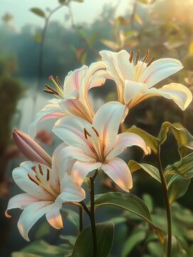 three blooming white lilies and a closed bud with green leaves bathed in warm golden backlight, soft pastel petals and a serene tranquil mood