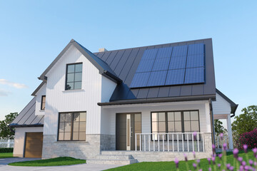 Modern American house with solar panels on metal roof, sustainable suburban home