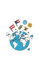 A colorful illustration of a globe with flags and symbols rising from it, conveying a sense of peace and global unity without war, against a clean white background.