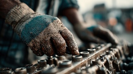 close up on a mechanic's dirty hand wearing a glove working on an engine part