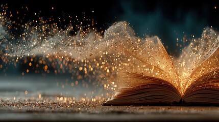 An open book releasing magical glowing particles and dust into the dark background
