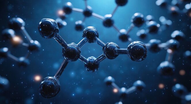 Glossy blue molecular structure suspended in deep space with glowing particles, futuristic scientific atmosphere and sense of wonder