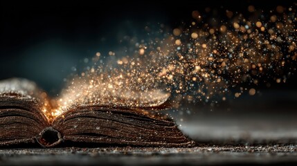 An ancient open book emits a magical glow with shimmering particles rising into the dark sky