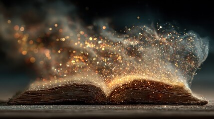 Magical Open Book Releasing Glowing Particles and Smoke into the Darkness
