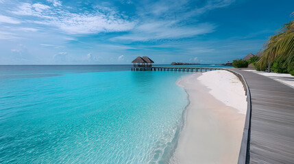 A stunning tropical beach with crystal-clear water and a wooden pier under a bright blue sky, perfect for a serene getaway.